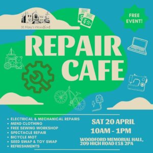 Poster advertising a Repair Cafe in partnership with the South Woodford Society.