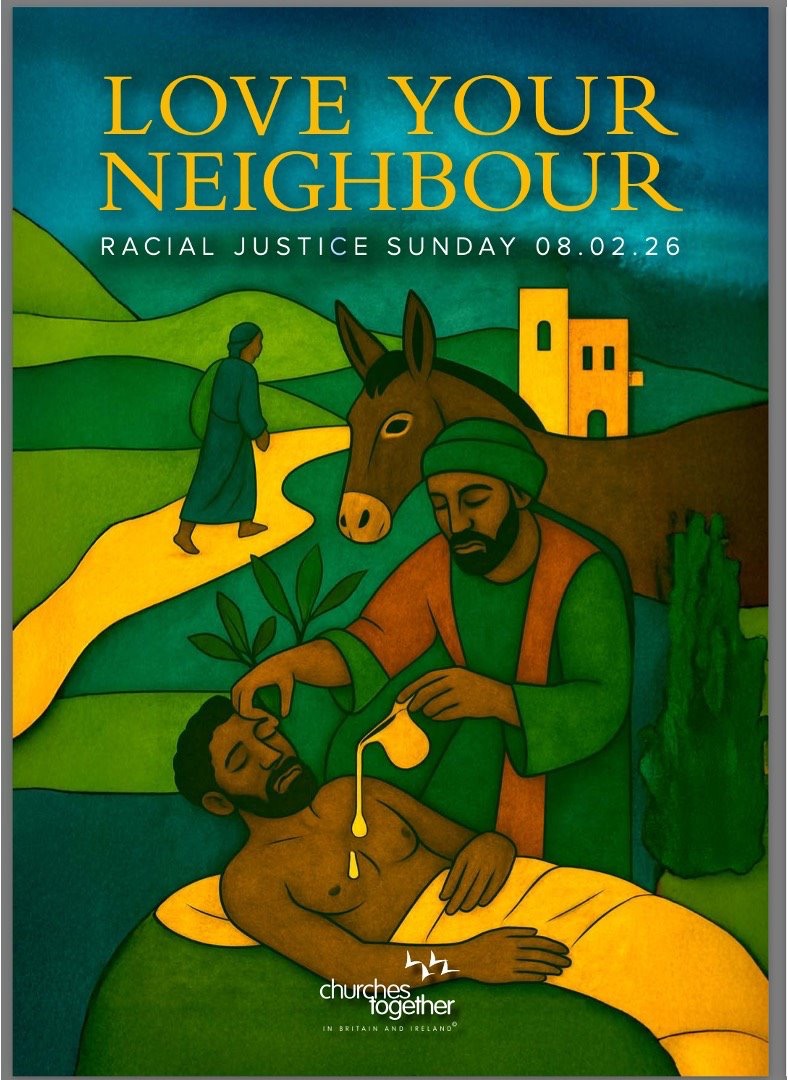 Picture of the Good Samaritan story with caption advertising racial Justice Sunday on February 8th 2026